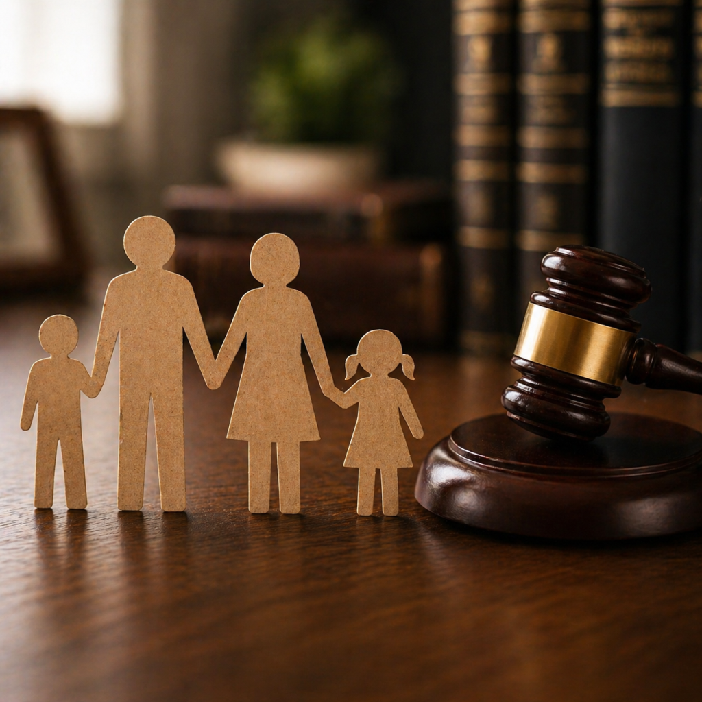 famille en papier près du marteau de la justice