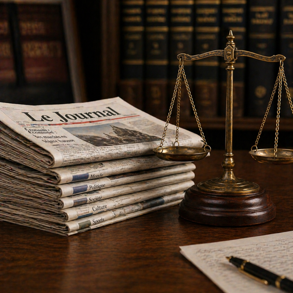 droit de la presse illustré par une pile de jounaux à côté de la balance de la justice