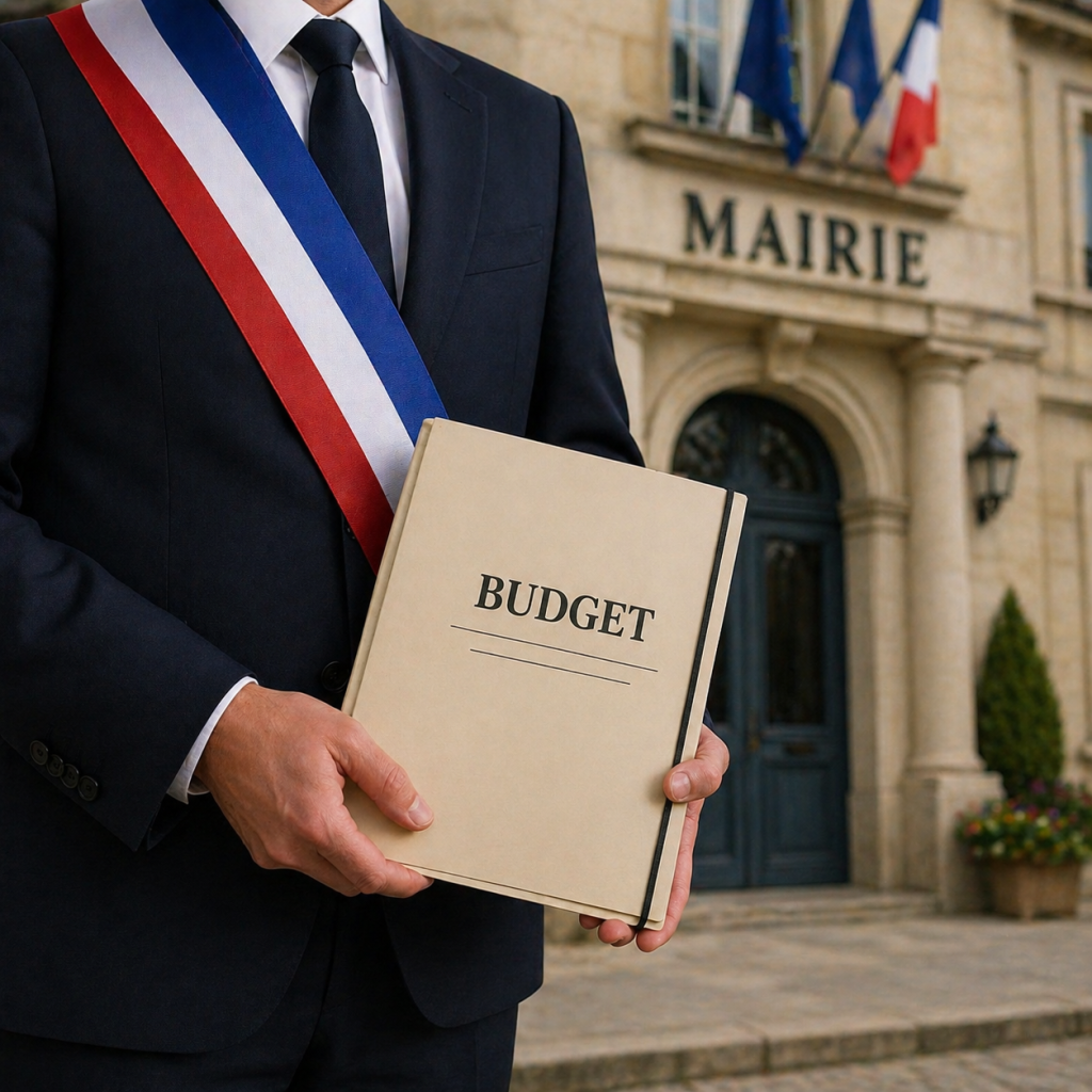 élu local tenant dans ses mains le budget de sa commune devant sa mairie pour illustrer le droit des collectivités territoriales