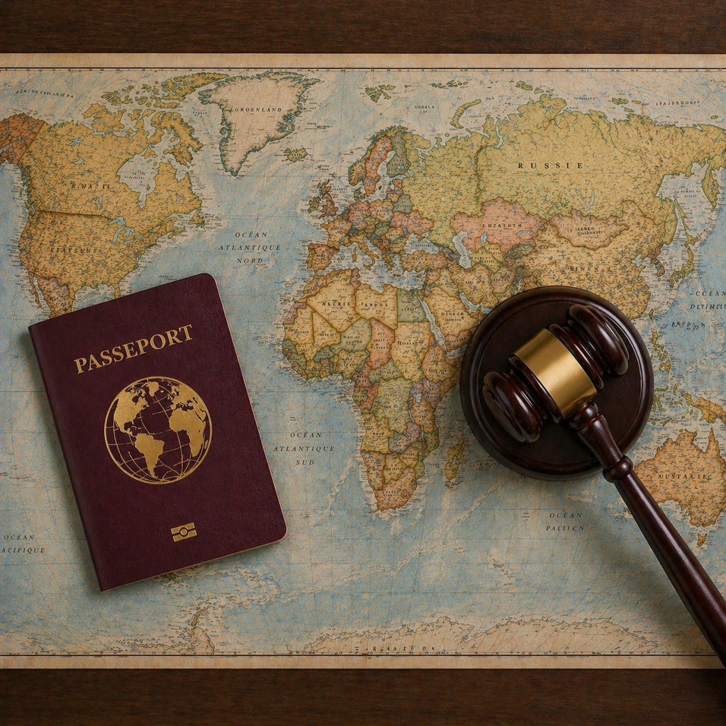 droit des étrangers imagé par un marteau de la justice et un passeport sur une map monde