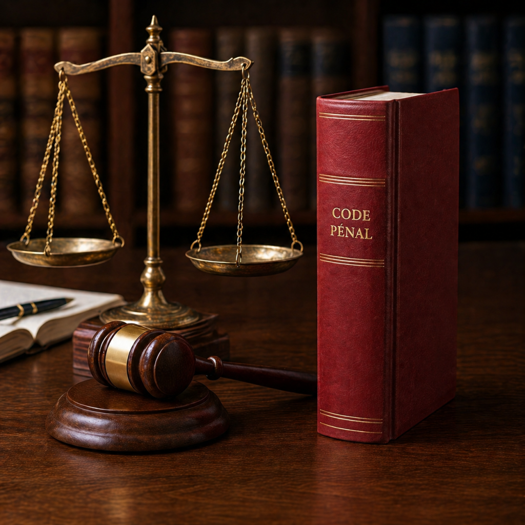 balance et marteau de la justice à côté du code pénal dans un tribunal